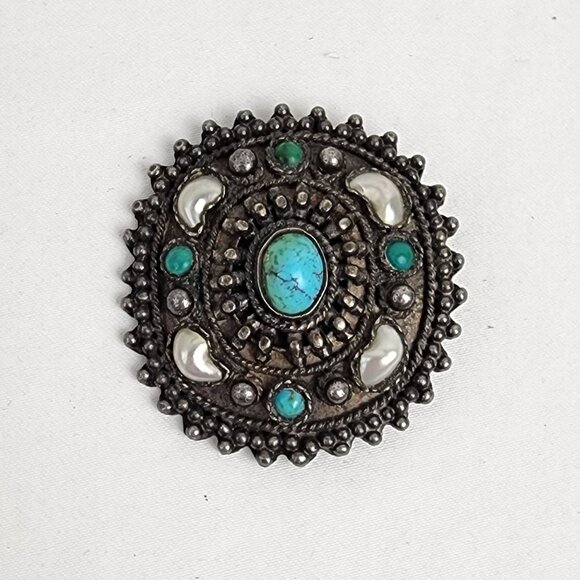 Antique 935 Silver Turquoise Pearl Brooch Pendant Natural Patina Coastal Cowgirl - Picture 1 of 9